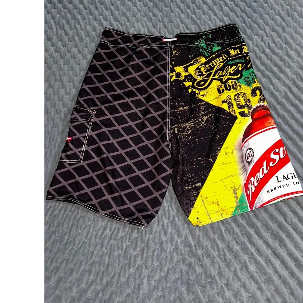 Red Stripe Beer Board Shorts Mens 36 Jamaica Lager Swim Trunks Black Graphic